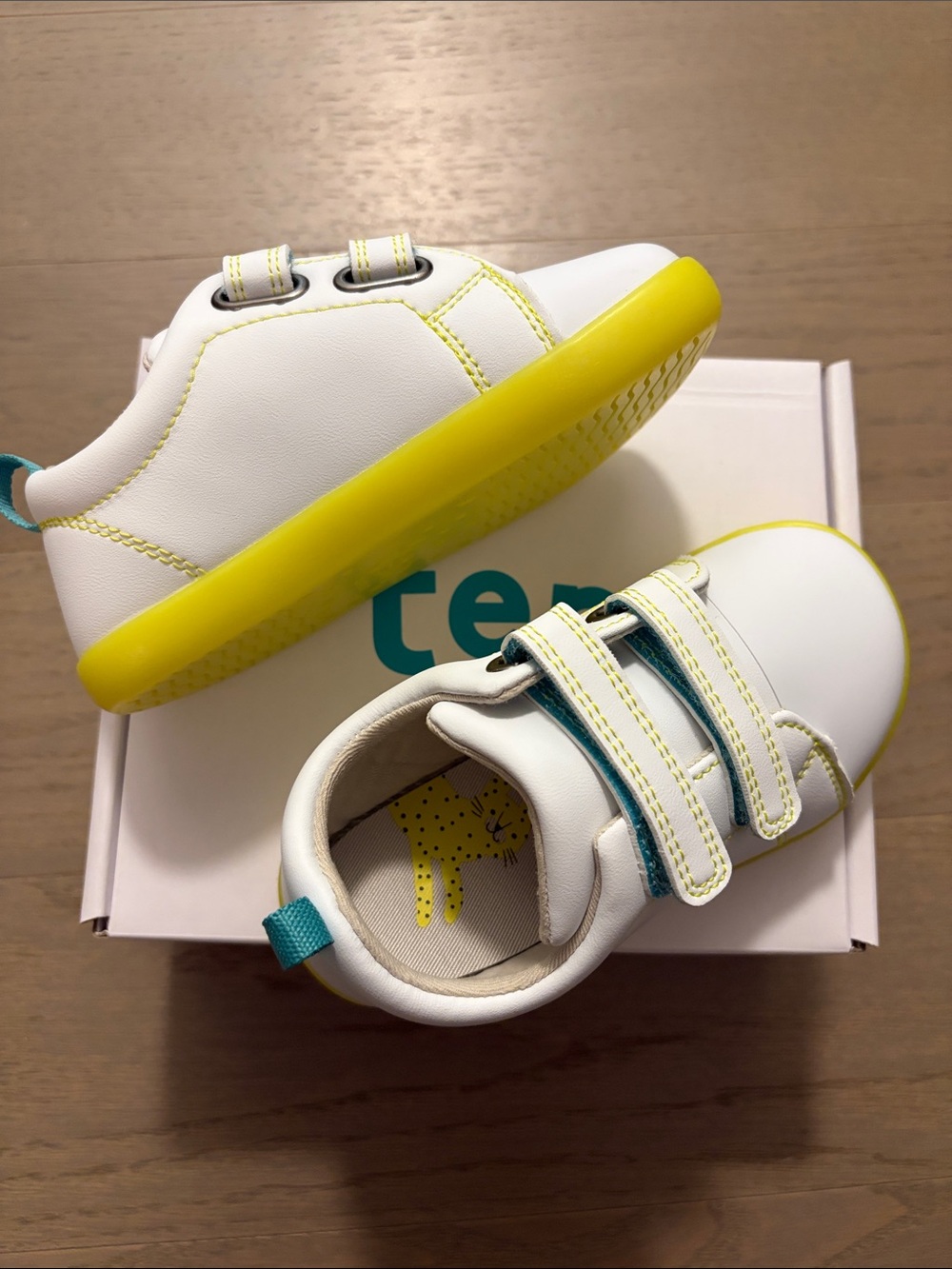 White Kids Sneakers with Yellow Sole and Teal Accents - Velcro Closure